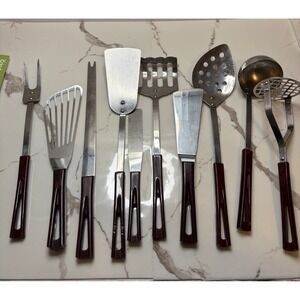 Vintage Stanhome Utensil Set 10pc Stainless Steel Brown Handles Mid Century MCM